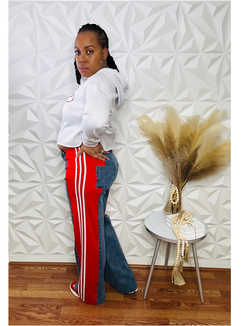 Dual Tone Luxe Denim Pants - Red/Wht