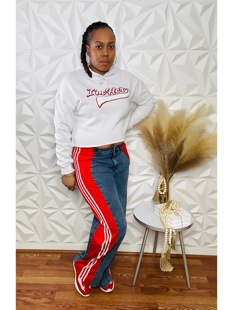Dual Tone Luxe Denim Pants - Red/Wht