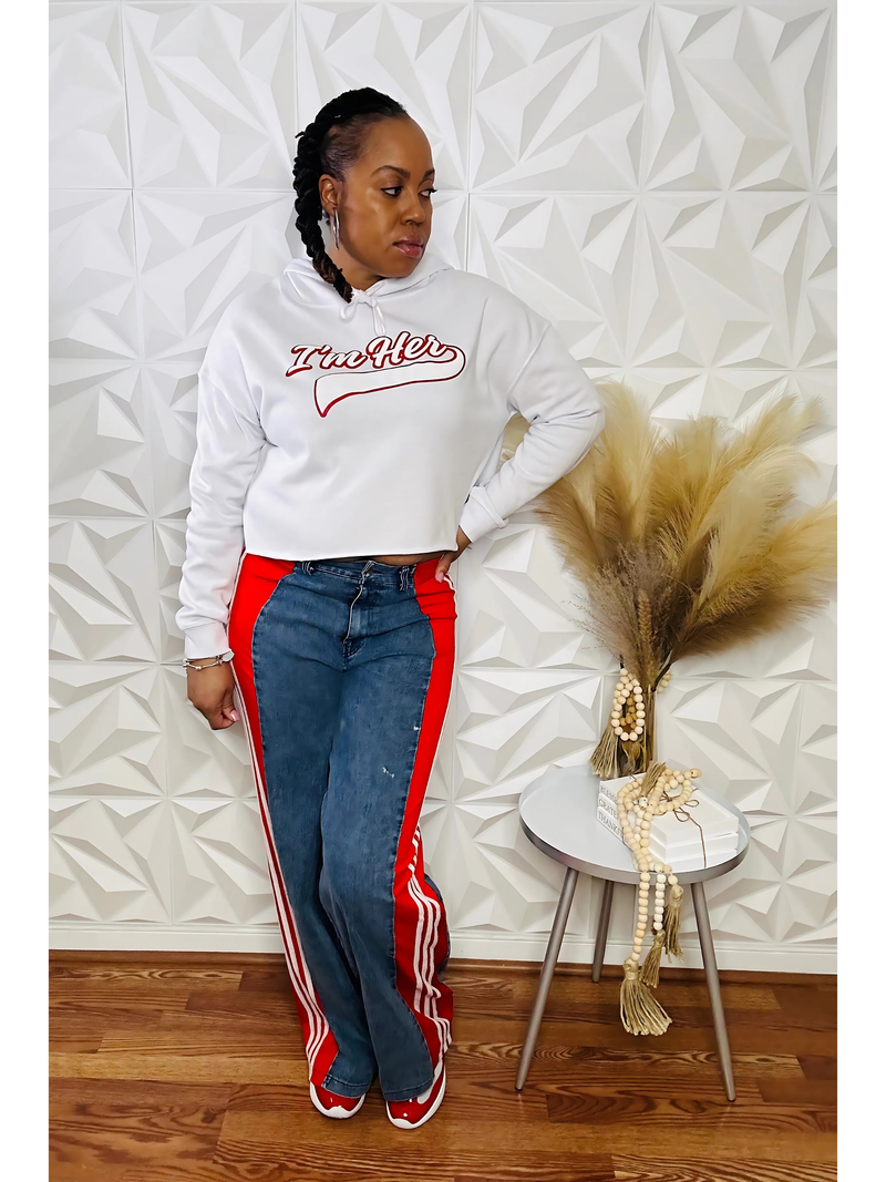Dual Tone Luxe Denim Pants - Red/Wht