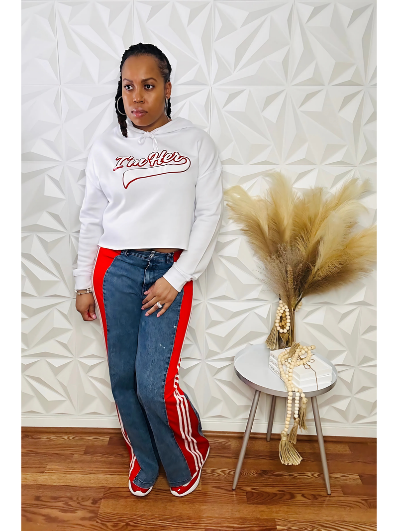 Dual Tone Luxe Denim Pants - Red/Wht