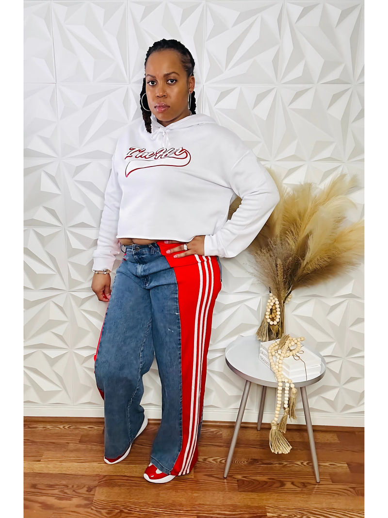 Dual Tone Luxe Denim Pants - Red/Wht