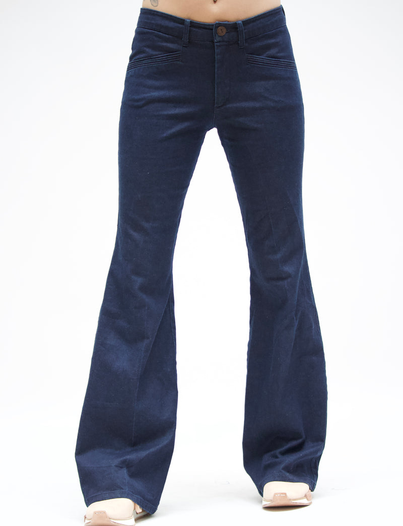 Pintucked Indigo Rinse Stretch Denim Flares