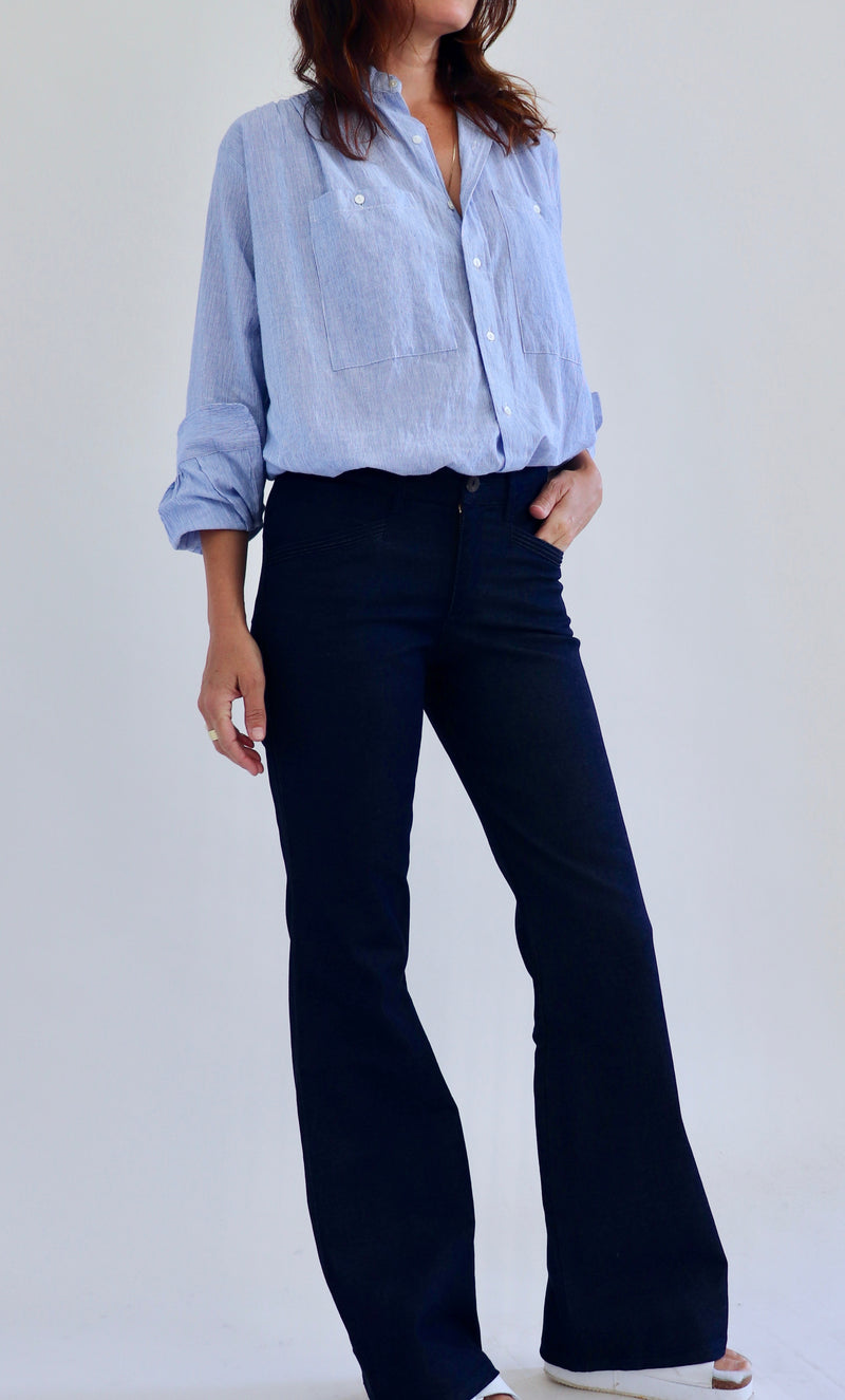 Pintucked Indigo Rinse Stretch Denim Flares