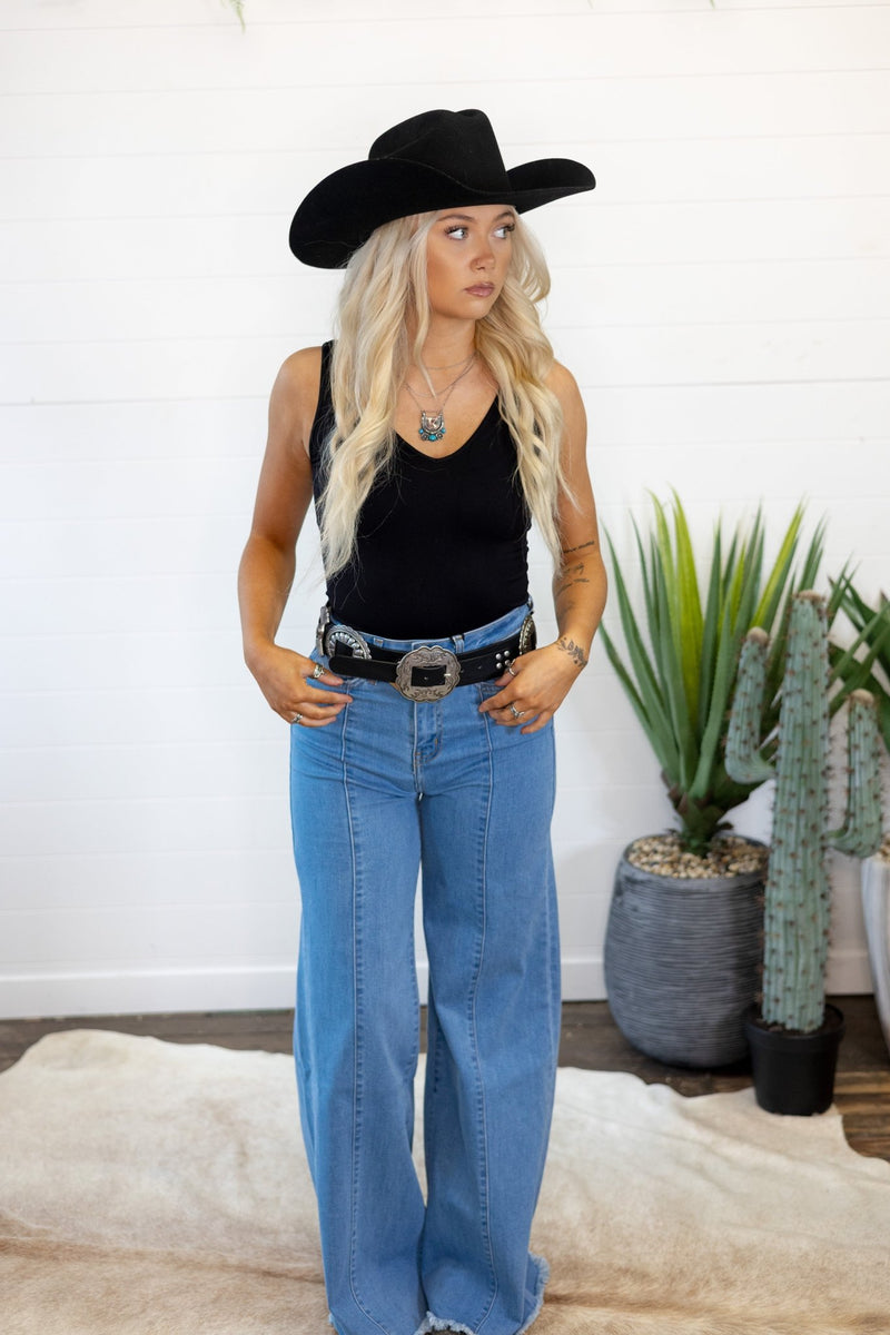 O2 Front Seam Wide Leg Denim Jeans - Light Wash