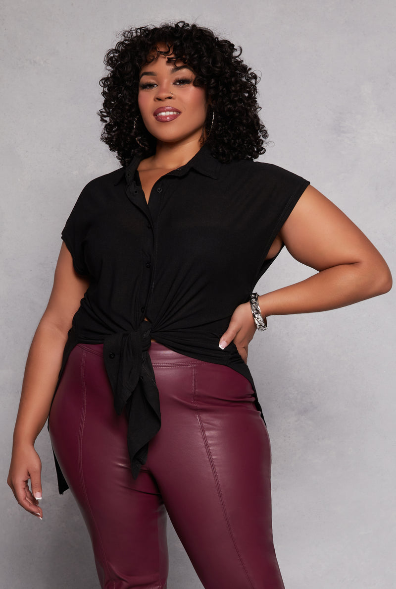 Plus Size Cap Sleeve Tie Front High Low Shirt