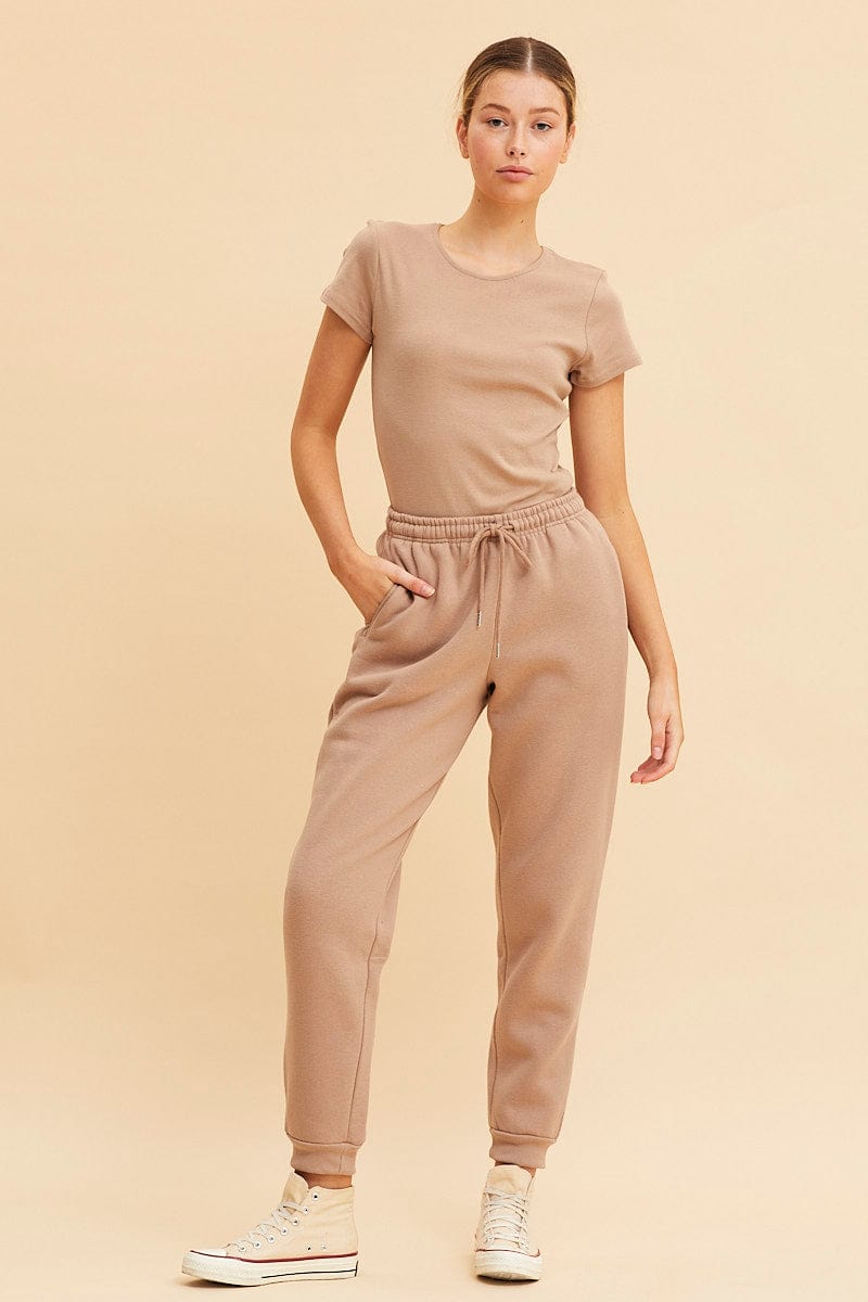 Beige Rib T-Shirt Crew Neck Short Sleeve
