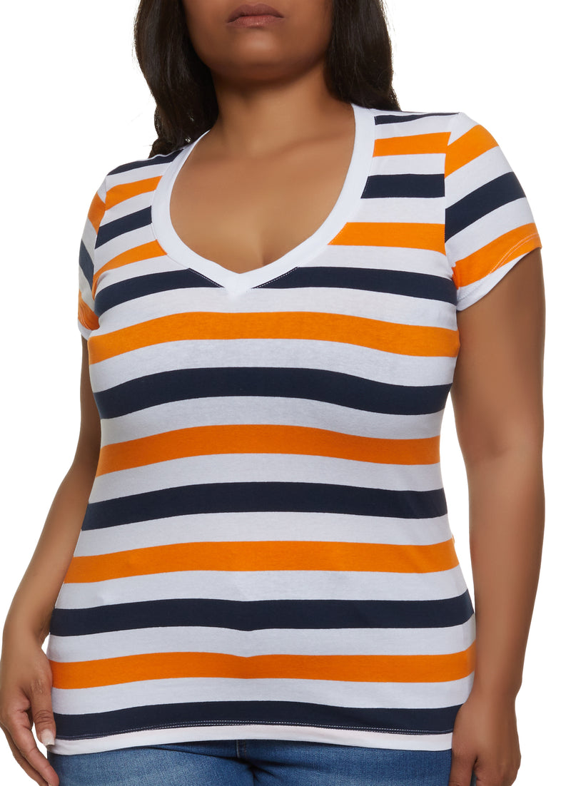 Plus Size Striped V Neck Short Sleeve Tee