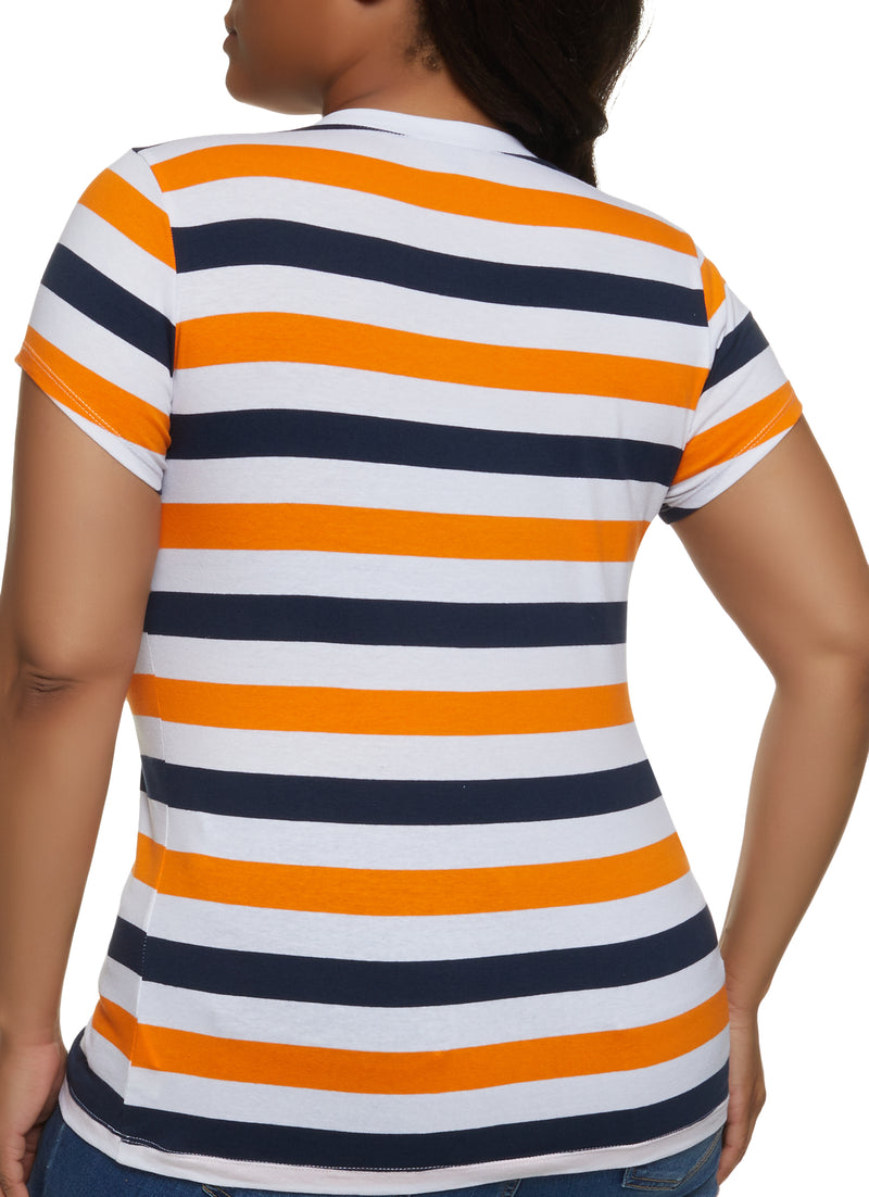 Plus Size Striped V Neck Short Sleeve Tee