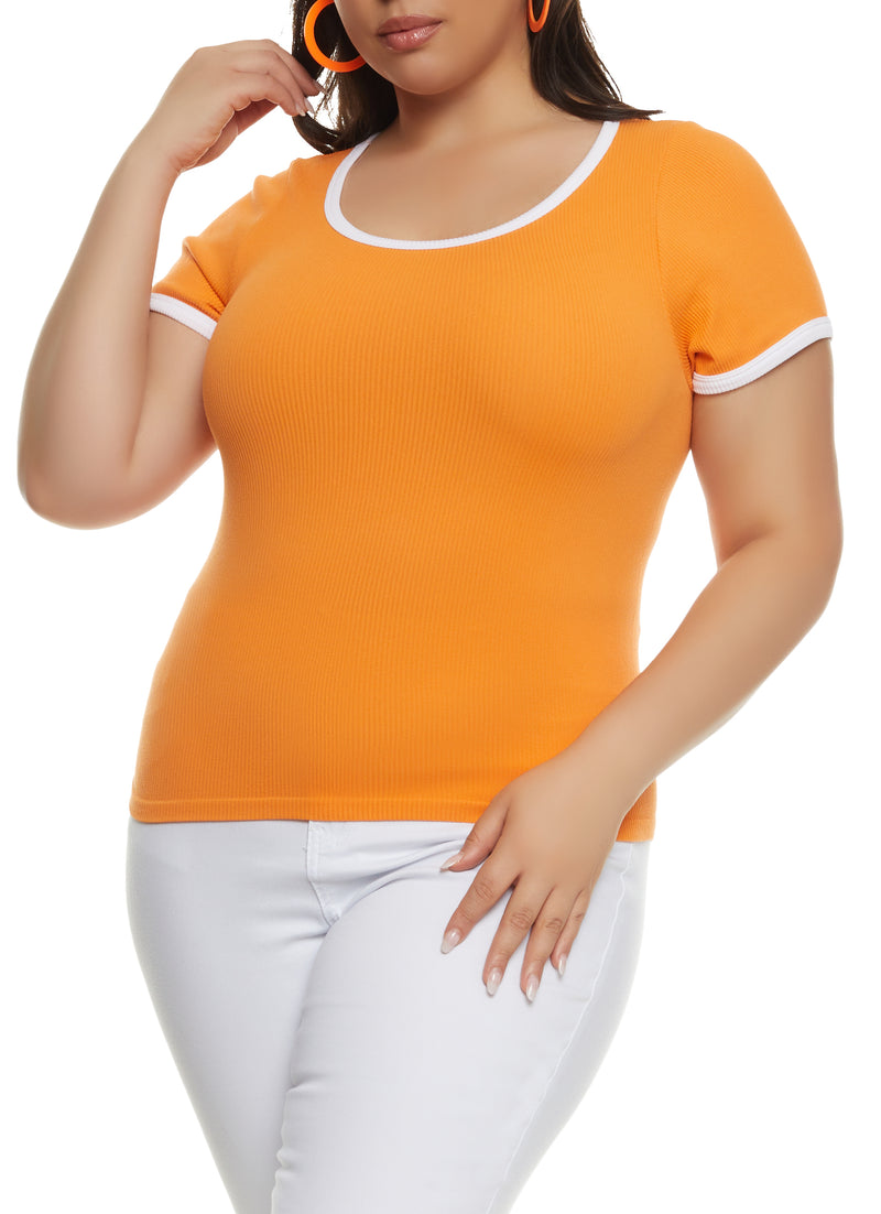 Plus Size Rib Knit Seamless Ringer Tee