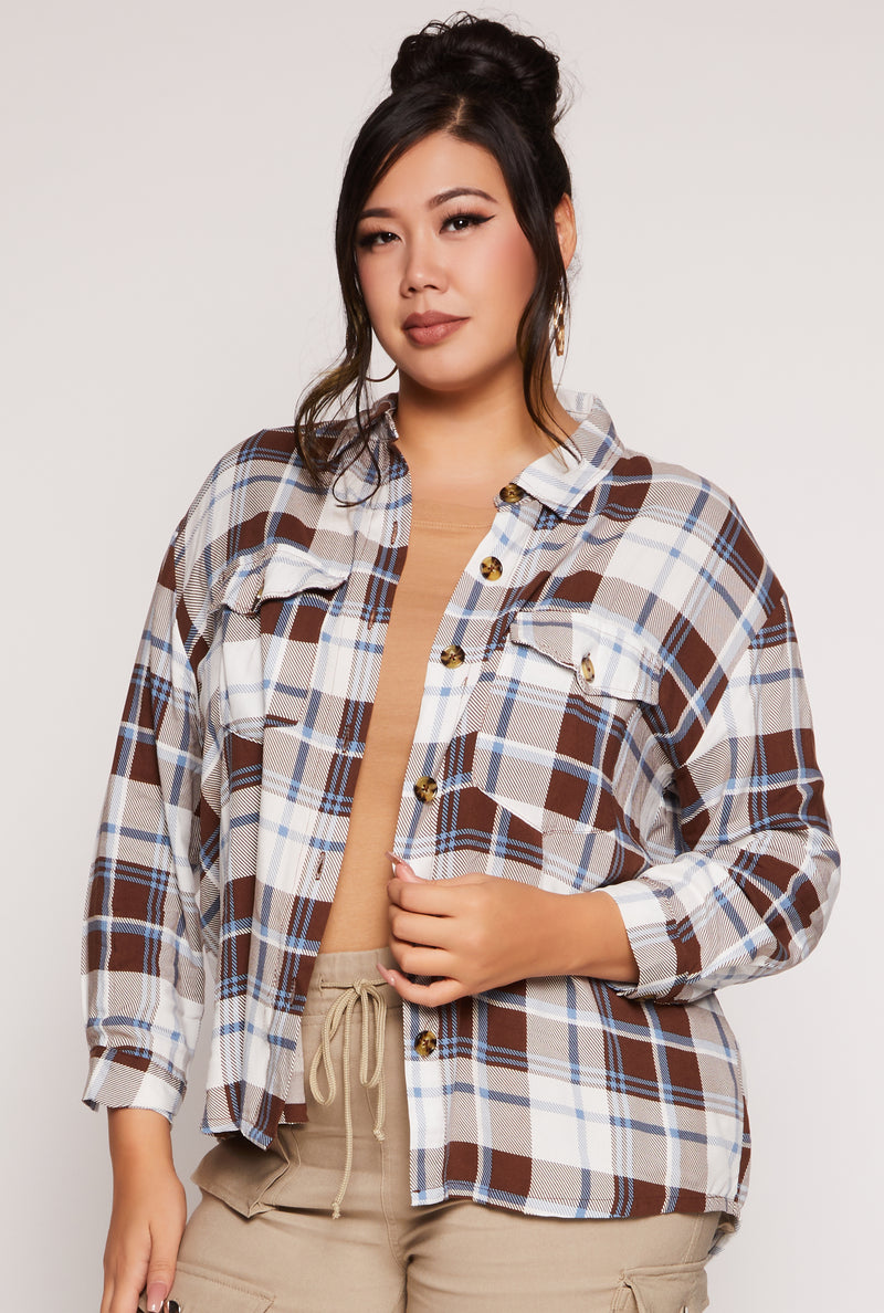 Plus Size Plaid Button Front Long Sleeve Shirt
