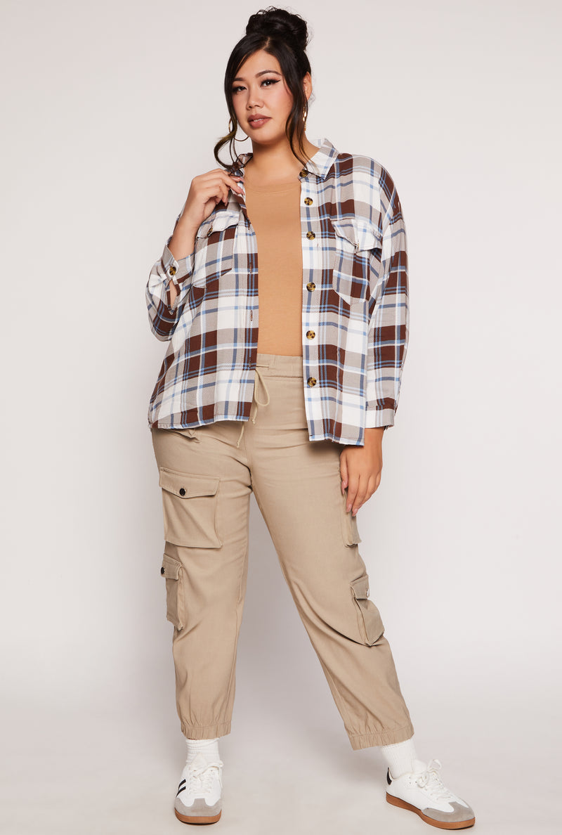 Plus Size Plaid Button Front Long Sleeve Shirt