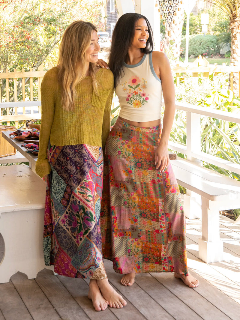 Ginger Side-Slit Maxi Skirt - Pink Floral Patchwork