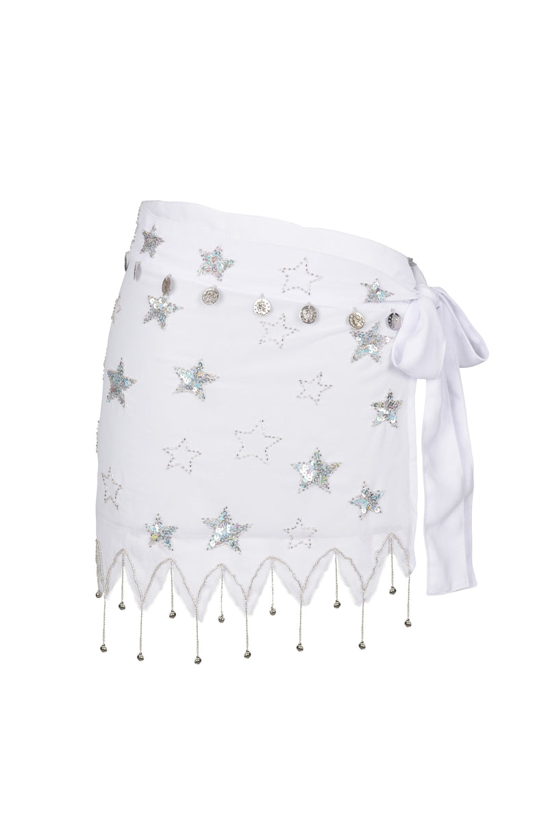 PEONY BEADED PIXIE TIE SKIRT - WHITE/SILVER