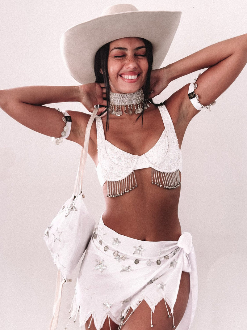 PEONY BEADED PIXIE TIE SKIRT - WHITE/SILVER