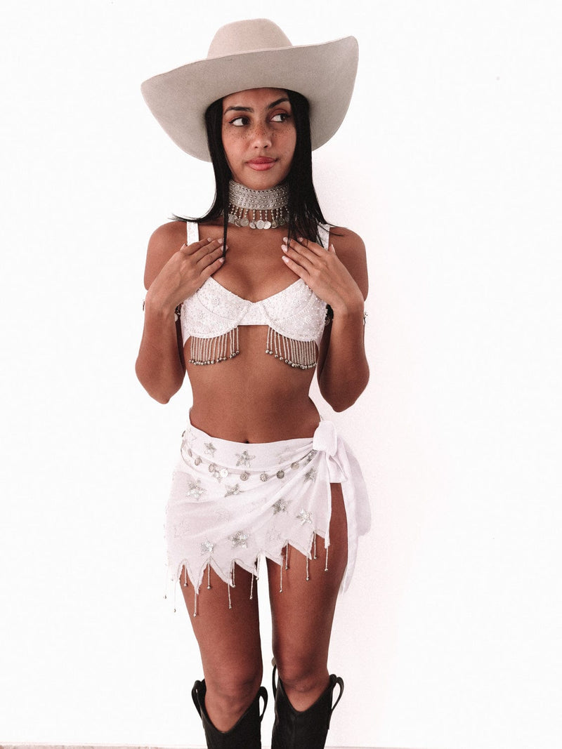 PEONY BEADED PIXIE TIE SKIRT - WHITE/SILVER
