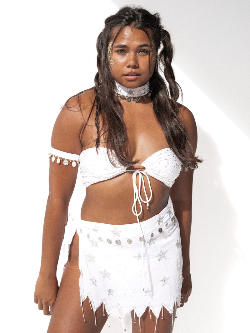 PEONY BEADED PIXIE TIE SKIRT - WHITE/SILVER