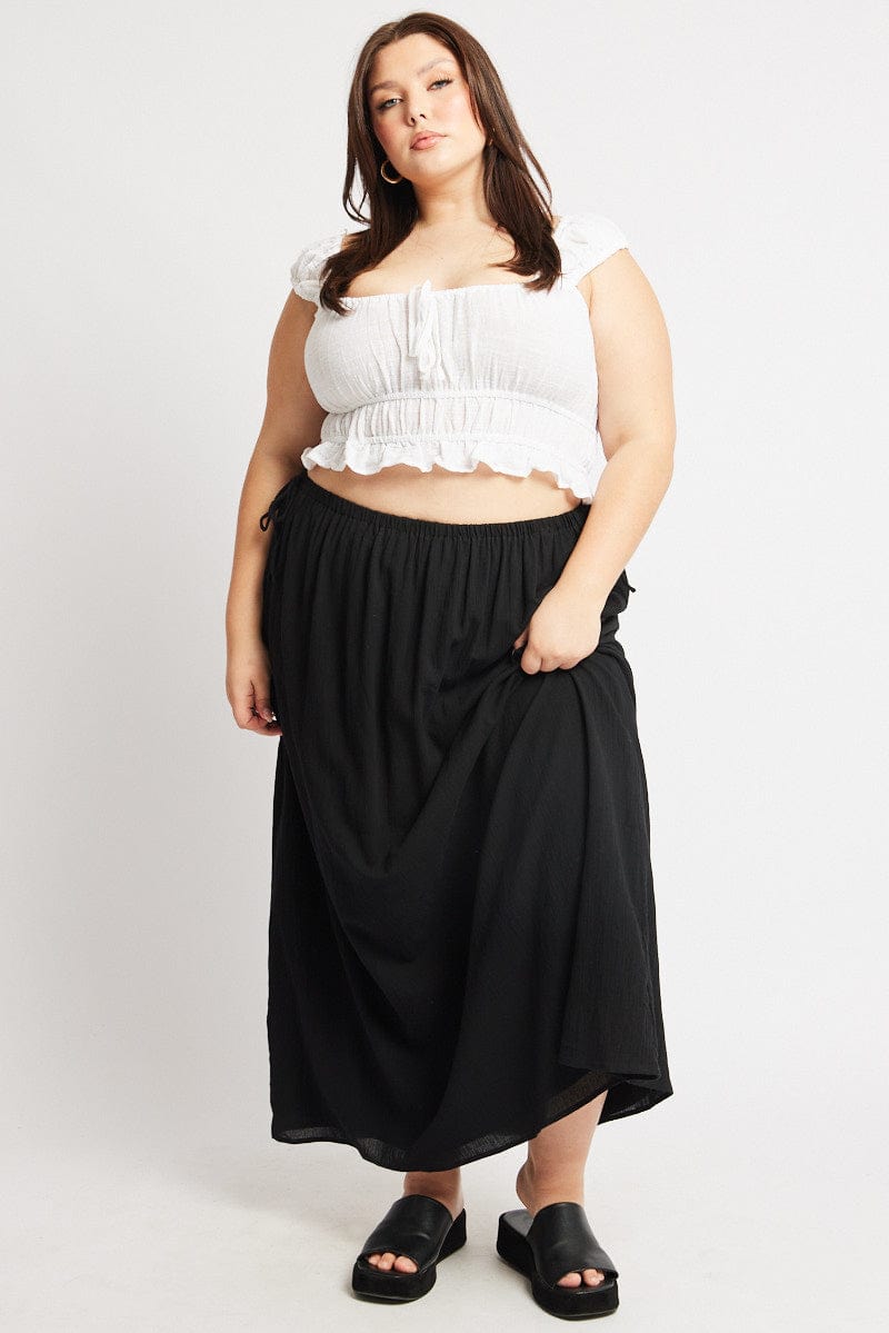 Black Textured Crinkle Cotton Lined Tie Waist Maxiskirt