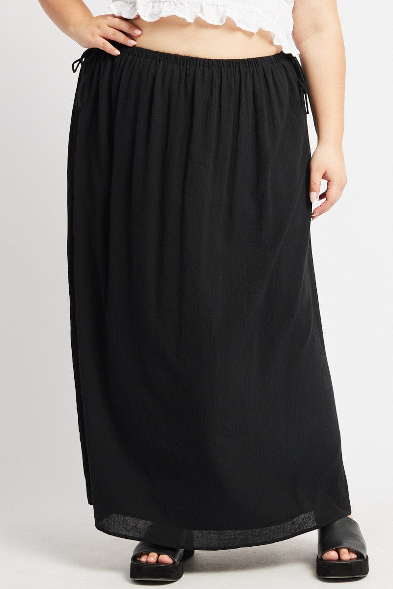 Black Textured Crinkle Cotton Lined Tie Waist Maxiskirt