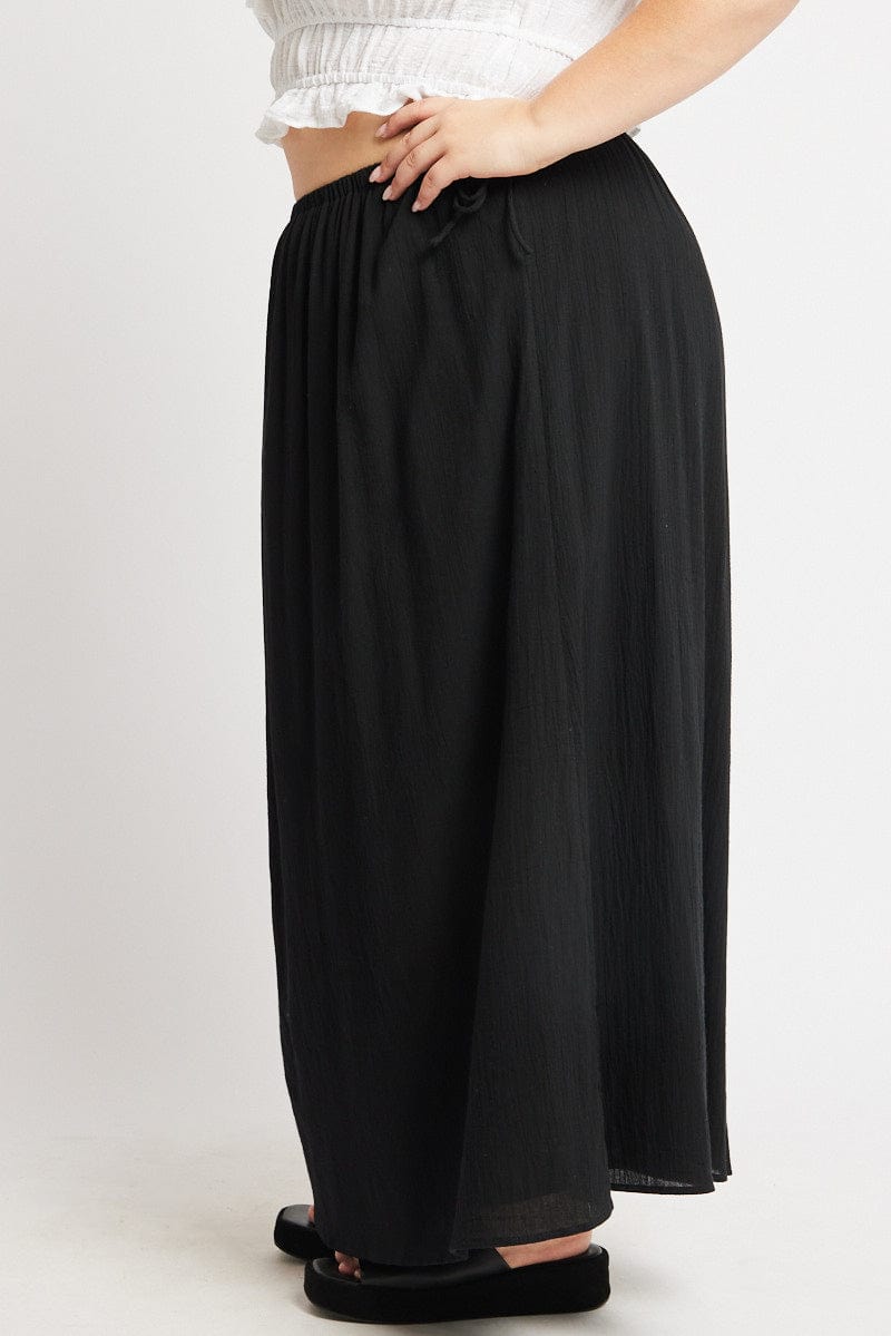 Black Textured Crinkle Cotton Lined Tie Waist Maxiskirt