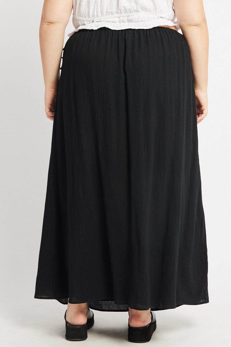 Black Textured Crinkle Cotton Lined Tie Waist Maxiskirt