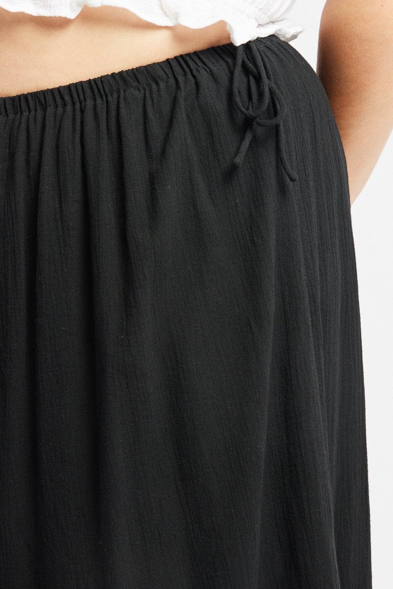 Black Textured Crinkle Cotton Lined Tie Waist Maxiskirt