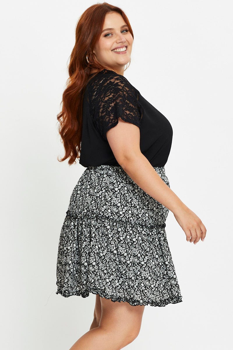 Floral Print Mini Skater Skirt Tie