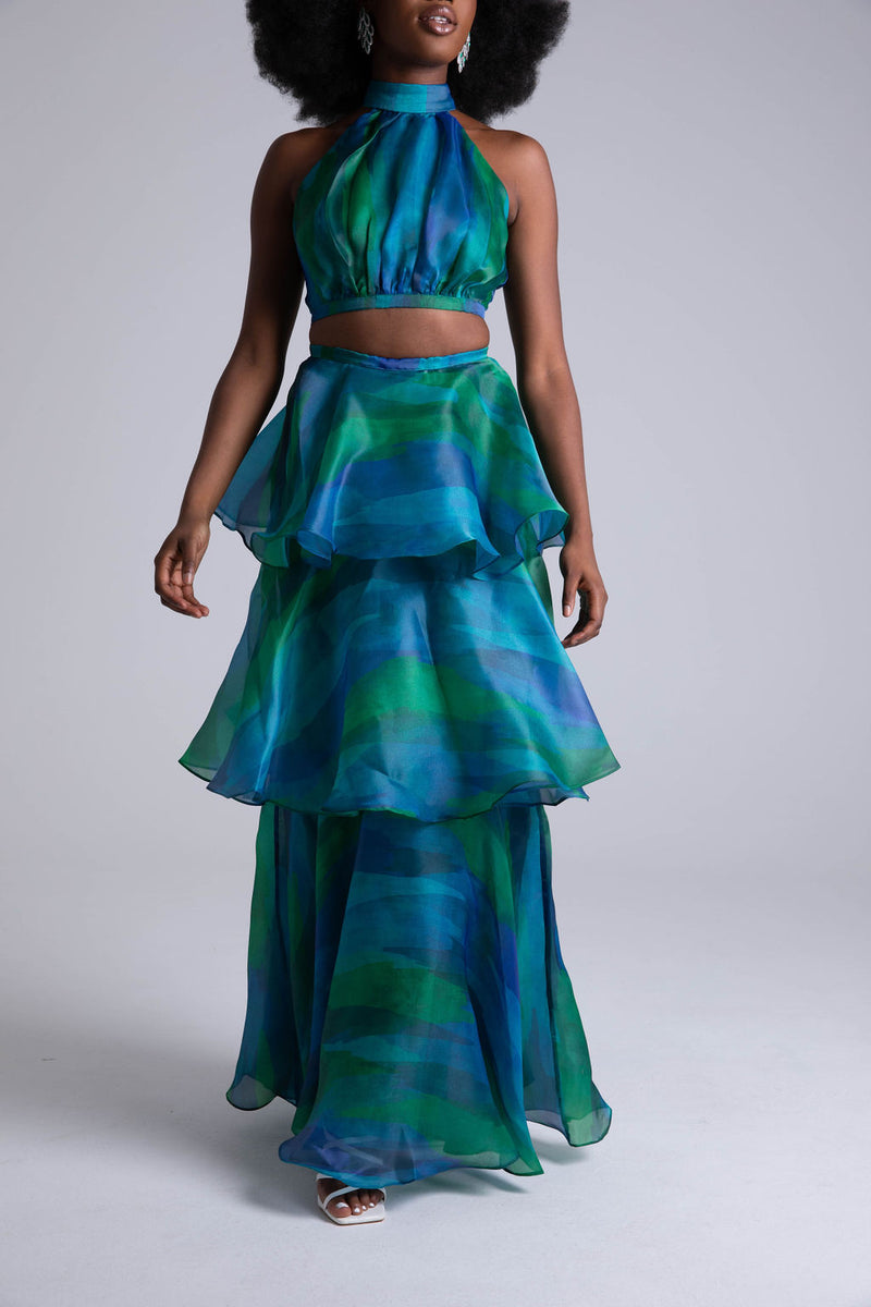 Faari Maxi Skirt in Aquarelle Blue Green