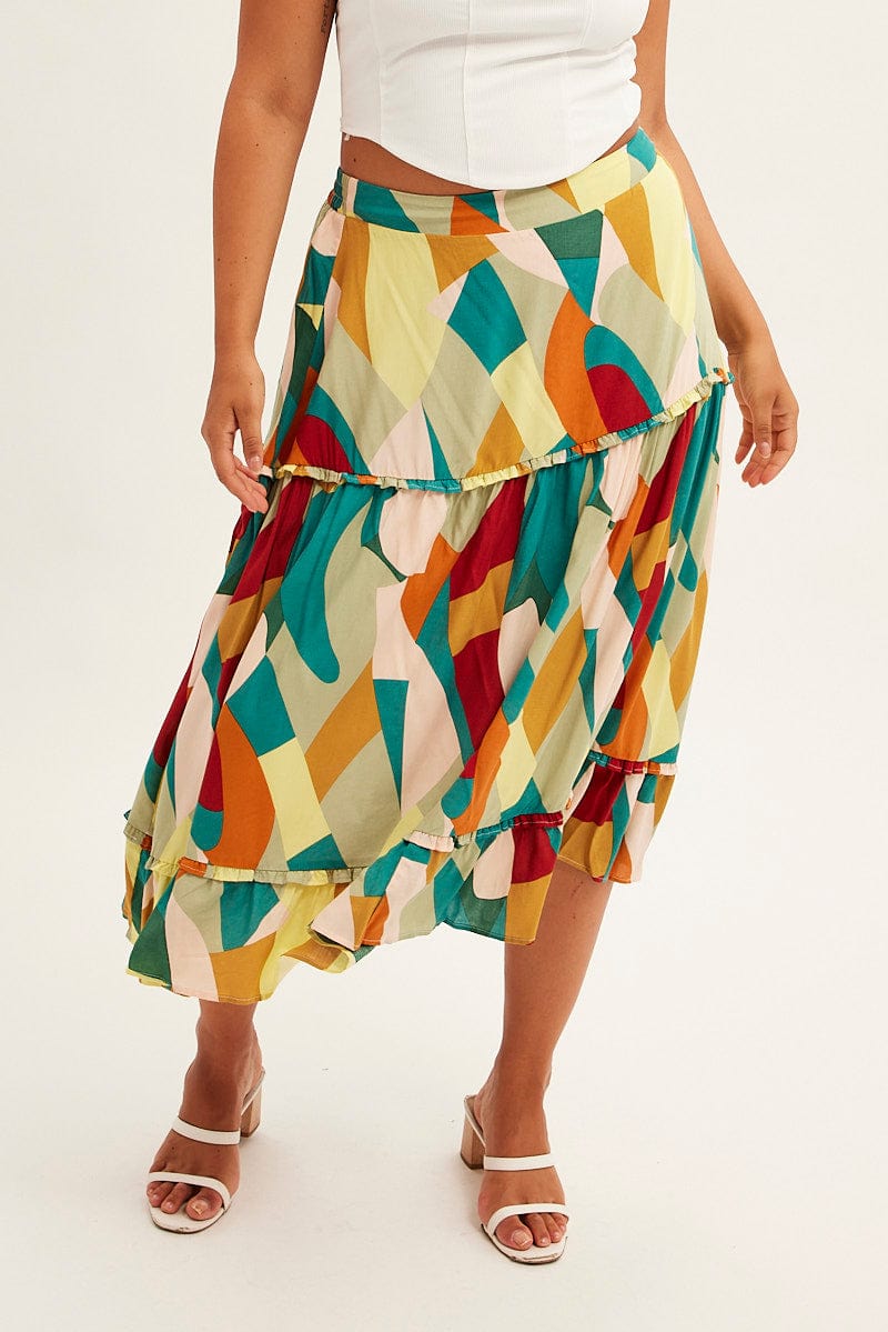 Print Midi Skirt Frill Detail Rayon