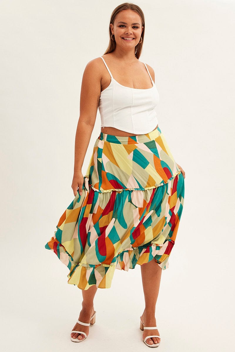 Print Midi Skirt Frill Detail Rayon
