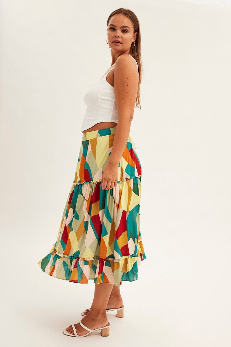 Print Midi Skirt Frill Detail Rayon