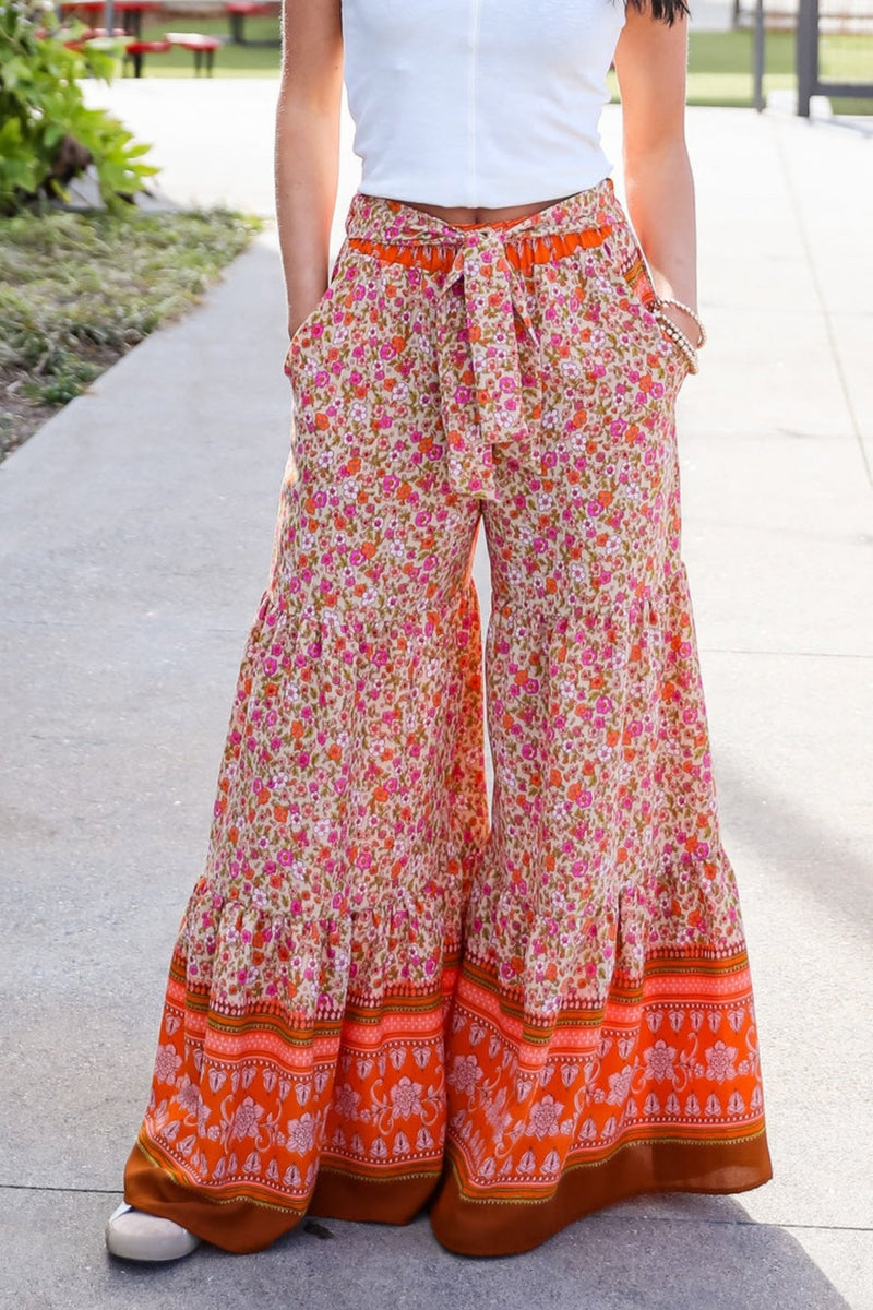 FINAL SALE - Trendsetting Choice Rust Floral Tiered Wide Leg Pants