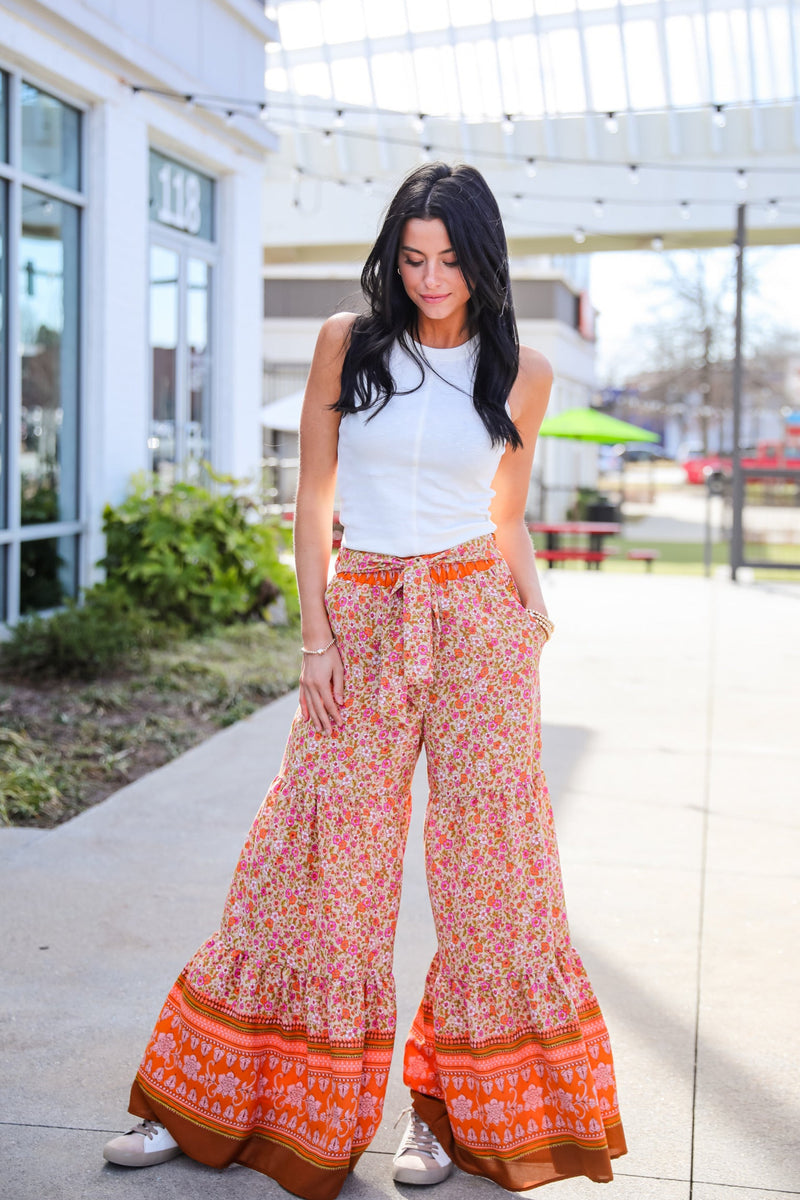 FINAL SALE - Trendsetting Choice Rust Floral Tiered Wide Leg Pants