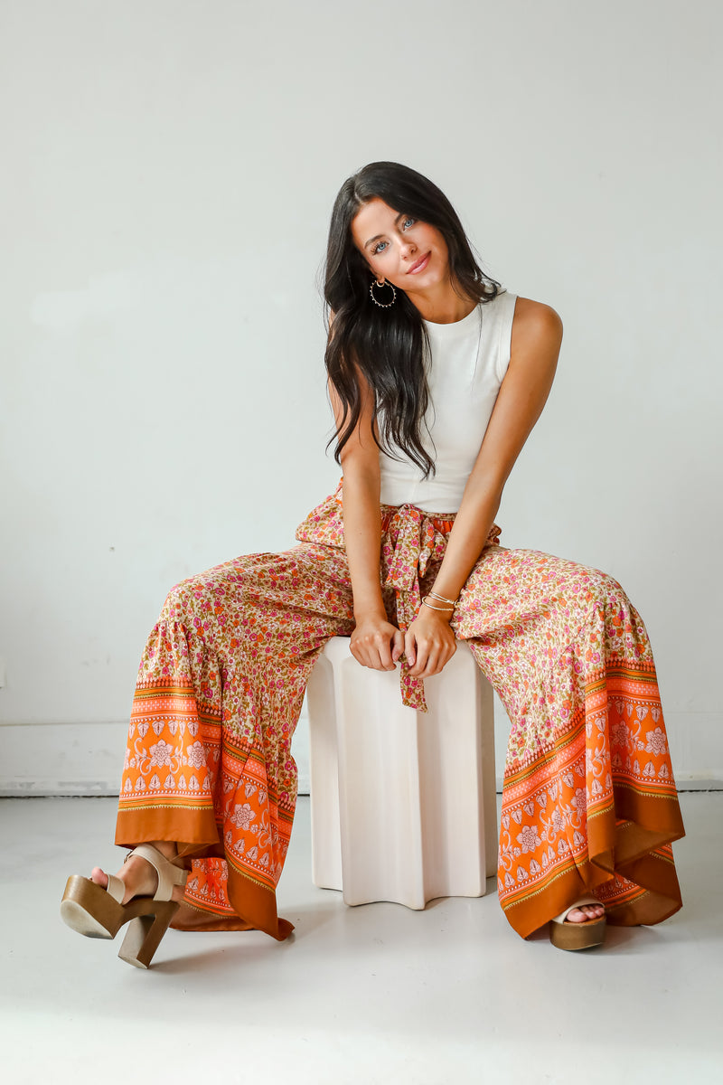FINAL SALE - Trendsetting Choice Rust Floral Tiered Wide Leg Pants