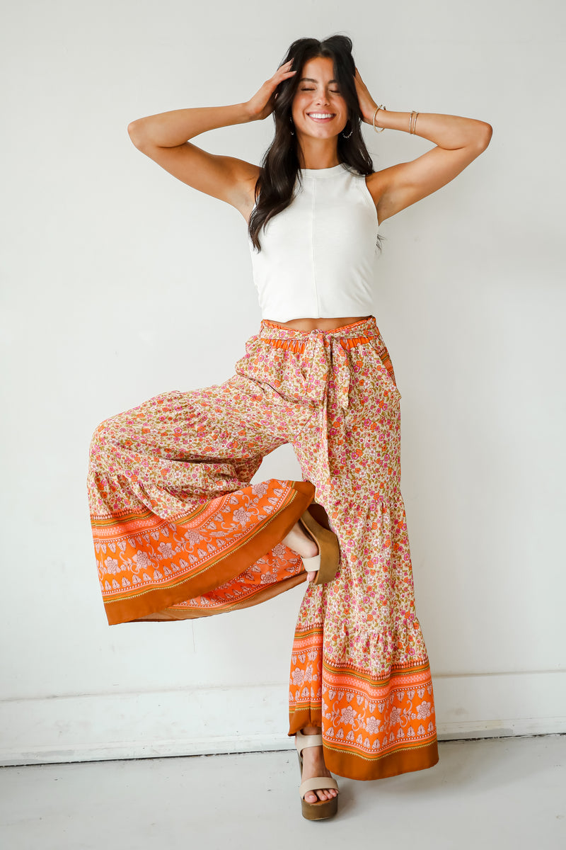 FINAL SALE - Trendsetting Choice Rust Floral Tiered Wide Leg Pants