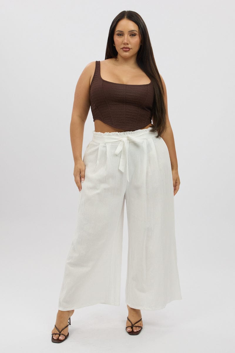 White Cotton Paperbag Waist Wide Leg Pants With Tie Belt