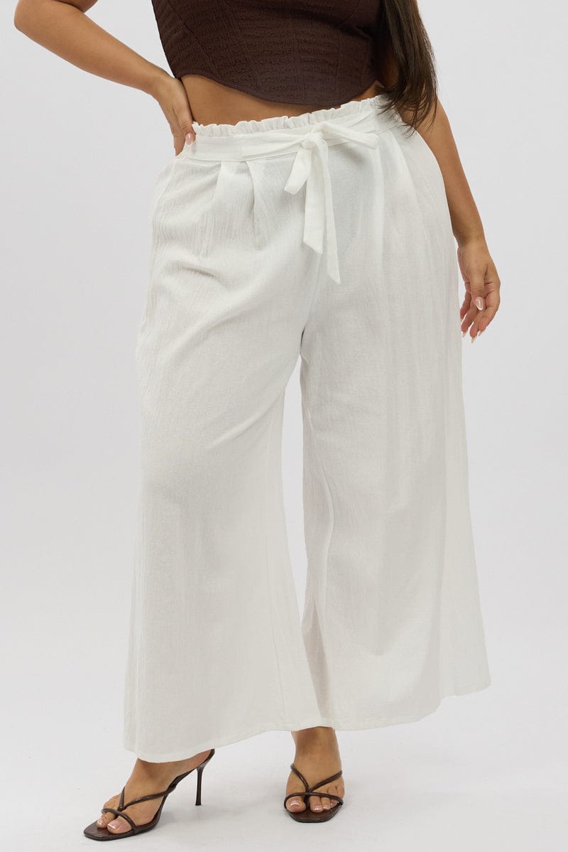 White Cotton Paperbag Waist Wide Leg Pants With Tie Belt