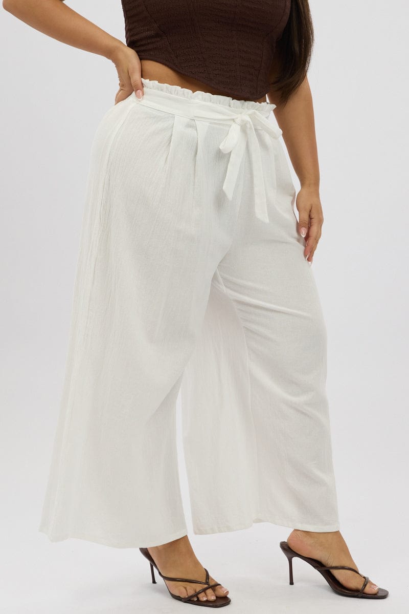 White Cotton Paperbag Waist Wide Leg Pants With Tie Belt