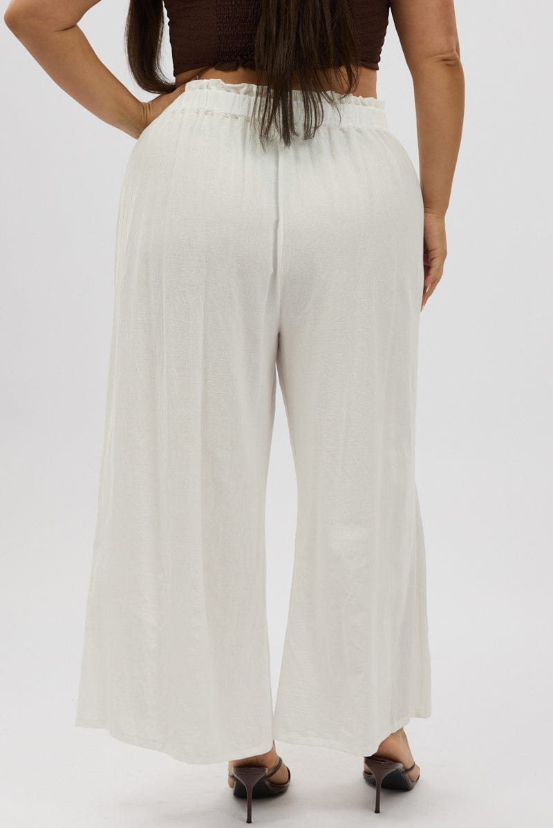 White Cotton Paperbag Waist Wide Leg Pants With Tie Belt