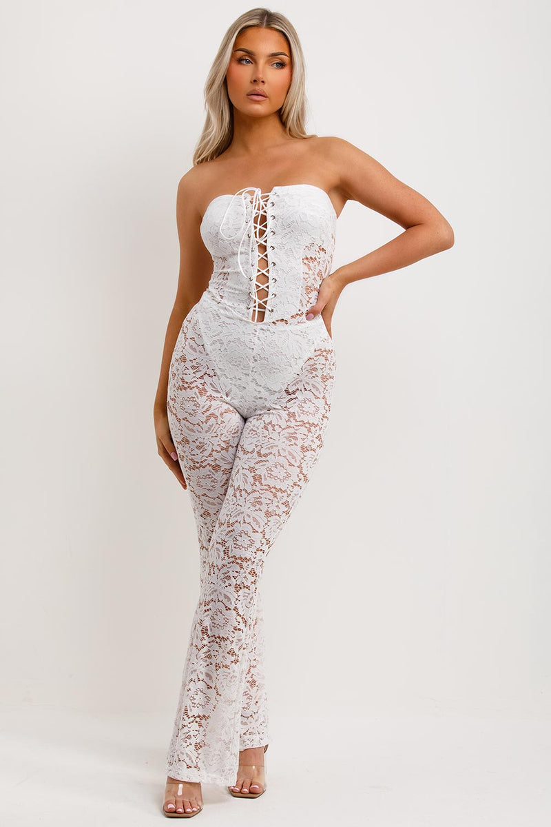 Lace Jumpsuit With Skinny Flared Legs White