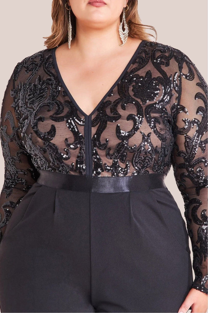 Sequin Mesh Jumpsuit - Black by Goddiva Plus