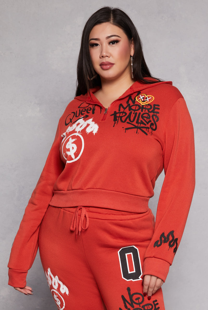 Plus Size Graffiti Print Half Zip Hoodie