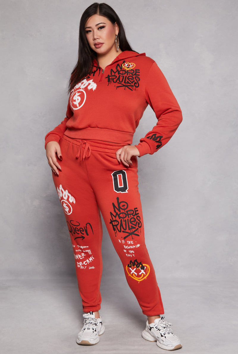 Plus Size Graffiti Print Half Zip Hoodie