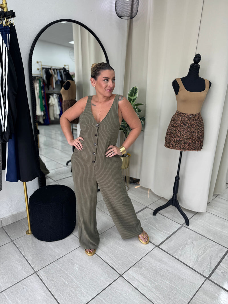 Olive Stripes Vest Jumpsuit