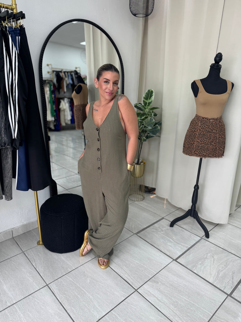 Olive Stripes Vest Jumpsuit