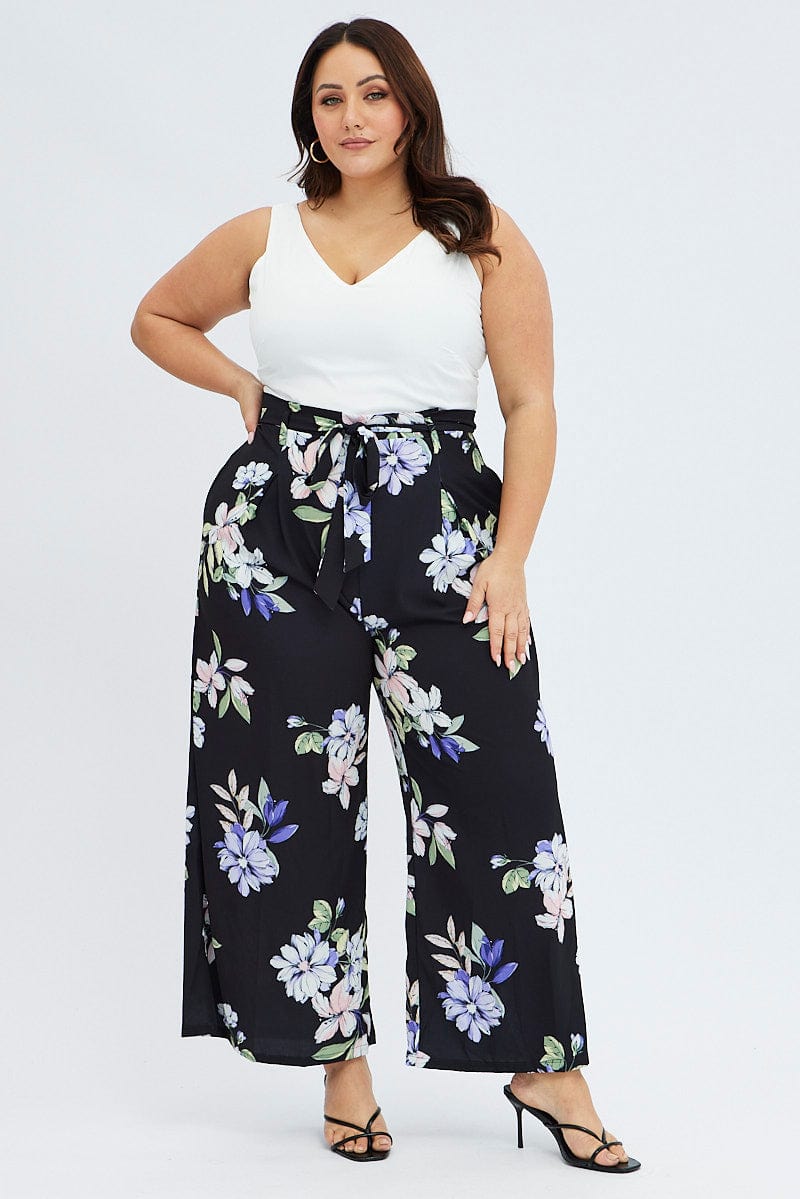 Blue Floral Wide Leg Jumpsuit Sleeveless