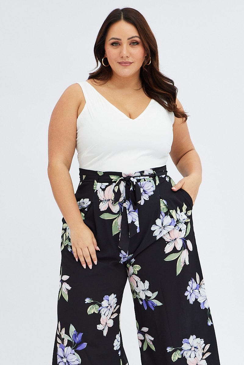 Blue Floral Wide Leg Jumpsuit Sleeveless