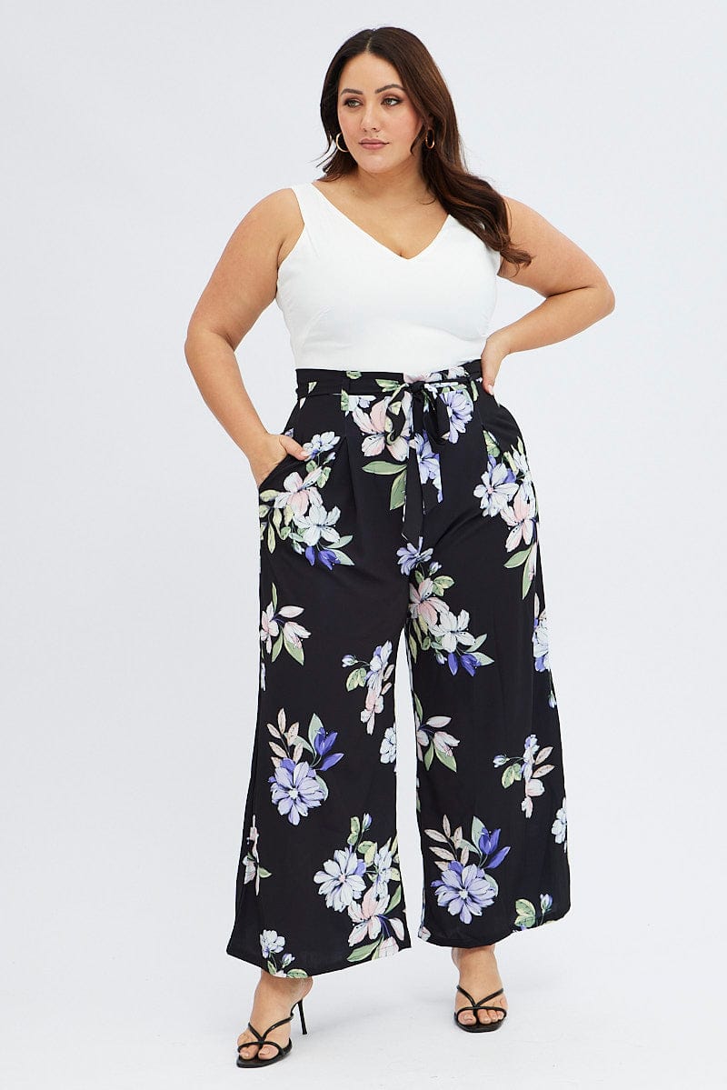 Blue Floral Wide Leg Jumpsuit Sleeveless