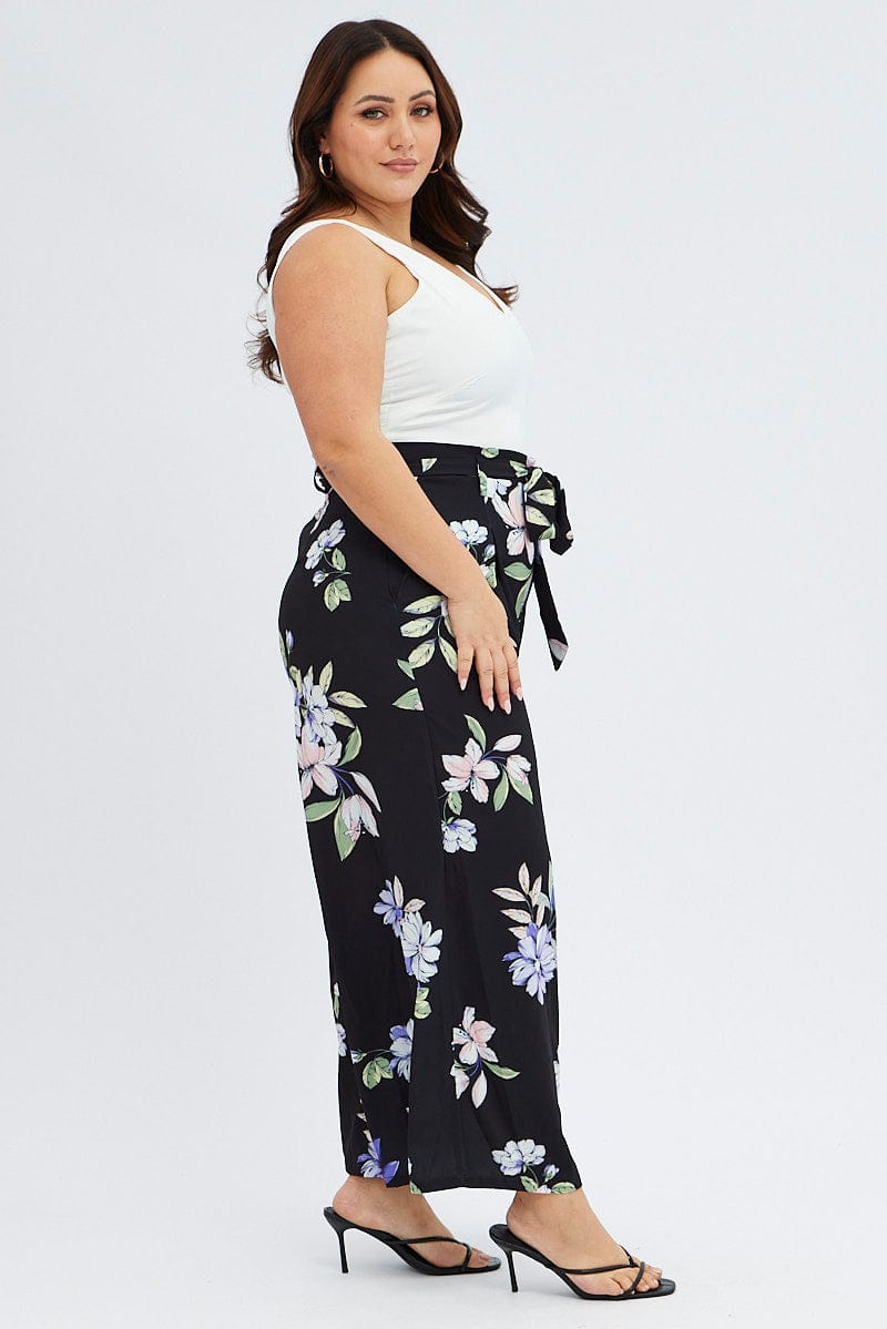 Blue Floral Wide Leg Jumpsuit Sleeveless