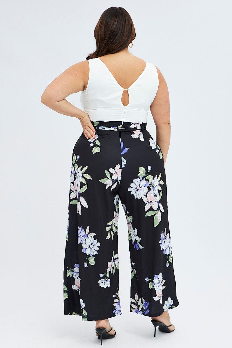 Blue Floral Wide Leg Jumpsuit Sleeveless