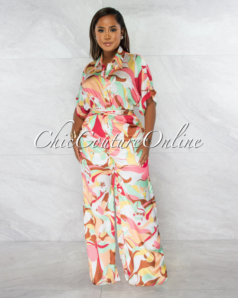 *Tanysa Salmon Floral Print Waist Tie Silky Jumpsuit